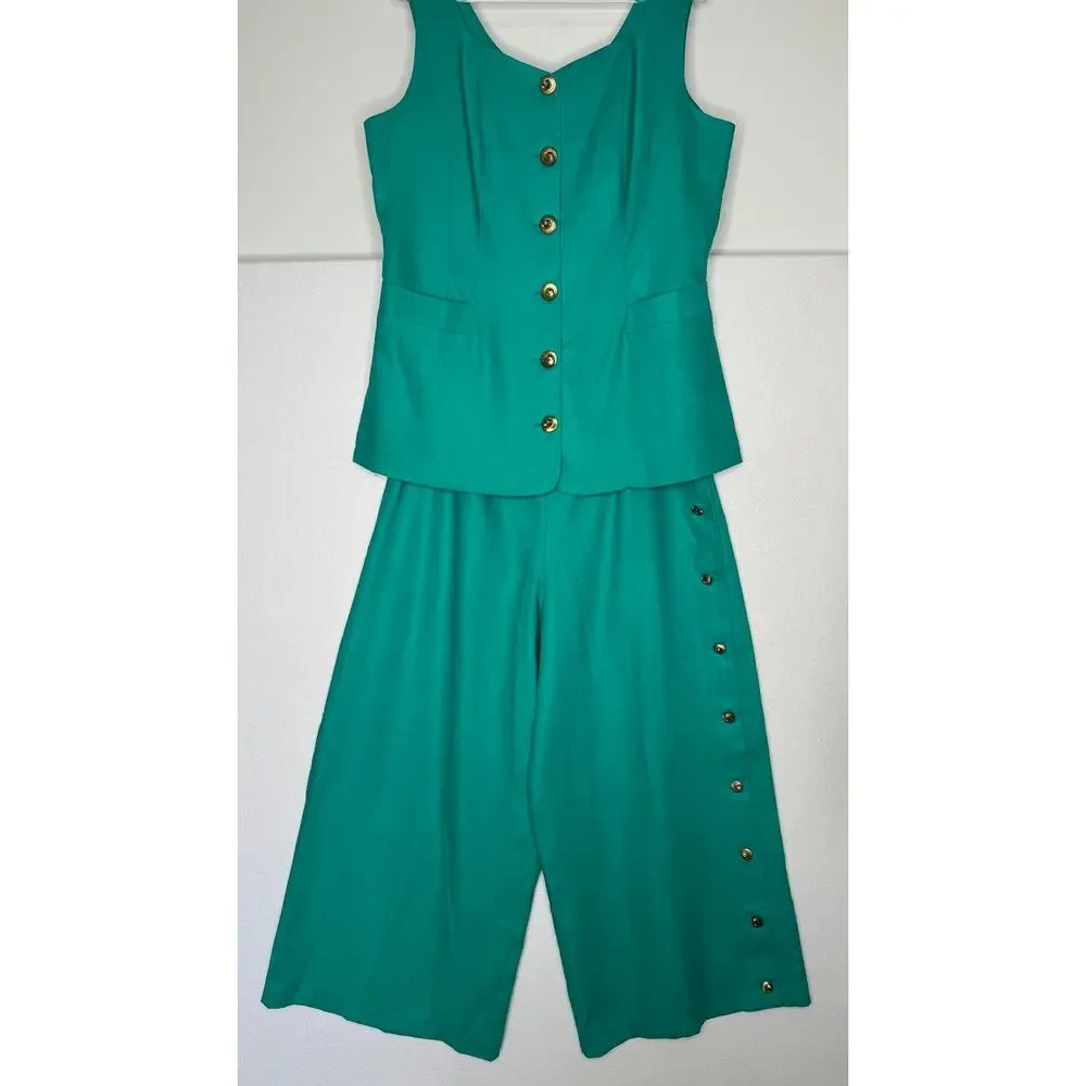 1990s Ronet Turquoise Linen Pant Set USA Women’s XL Plus Size